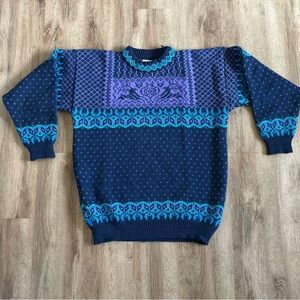 Vintage Sweater Size XL Dale Of Norway Reindeer Fair Isle Pure Wool Blue Purple